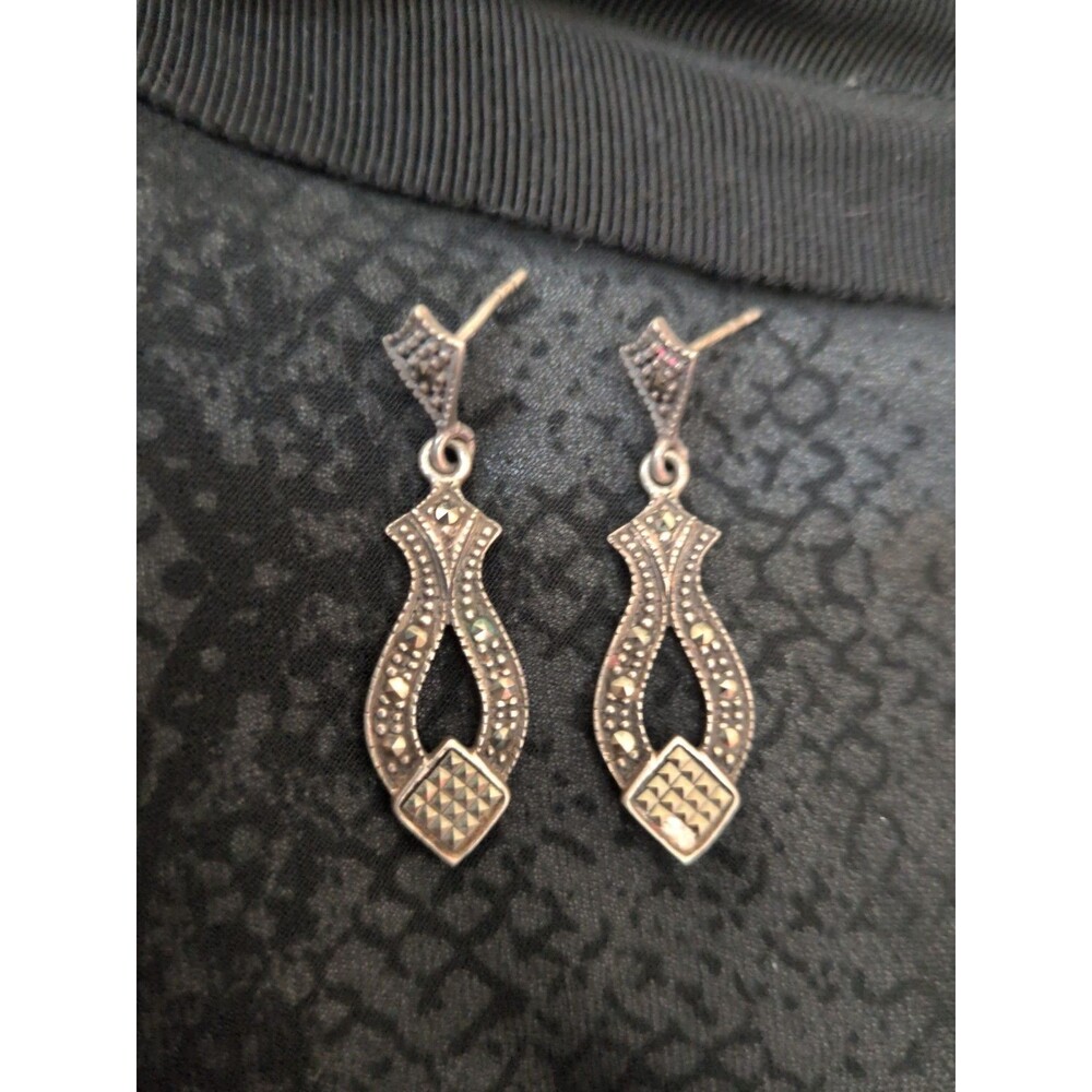 Sterling Silver 925 Marcasite Drop Dangle Earrings, 1.25in Art Deco WhimseyGoth